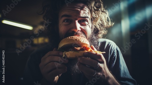 Picture of bearded man eating hamburger and feels hungry. Image of fast food and unhealty food to eat. photo