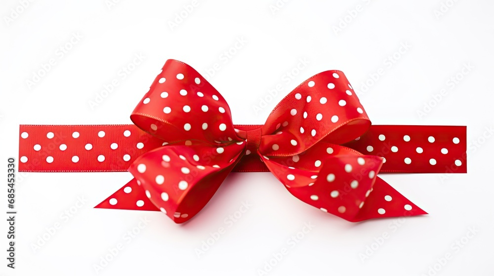 Image of red polkadot ribbon with bow isolated over white background. Holiday season decoration. Image of red polkadot ribbon with bow isolated over white background. Holiday season decoration.
