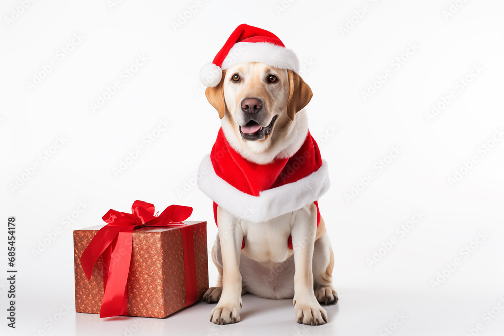 a smiling  LABRADOR RETRIEVER dog wearing santa claus suit holding gift box standing on isolate white background,