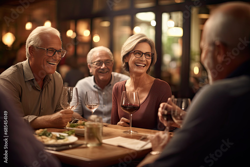 senior citizens laughing in restaurant photo