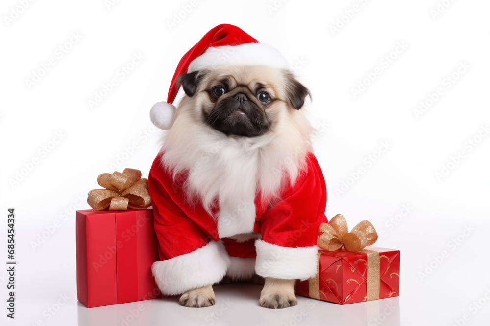 a smiling PEKINGESE dog wearing santa claus suit holding gift box standing on isolate white background, a smiling PEKINGESE dog wearing santa claus suit holding gift box standing on isolate white background,