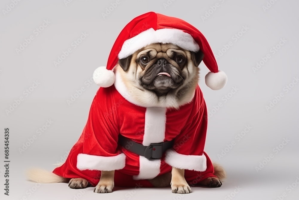 a smiling PEKINGESE dog wearing santa claus suit holding gift box standing on isolate white background, a smiling PEKINGESE dog wearing santa claus suit holding gift box standing on isolate white background,
