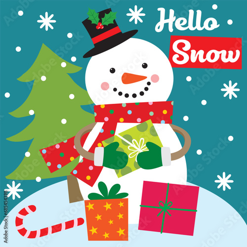 Cute Snowman Bring a gift and Christmas Tree