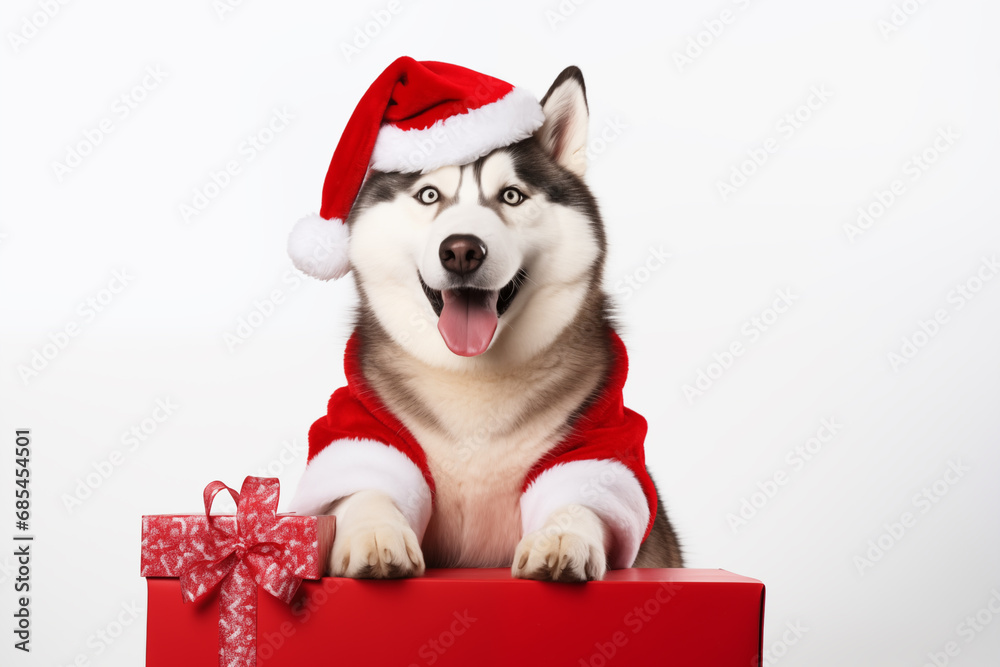 a smiling SIBERIANS HUSKY dog wearing santa claus suit holding gift box standing on isolate white background,