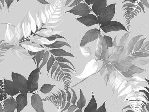 Foliage seamless pattern, black and white fern leaves on grey