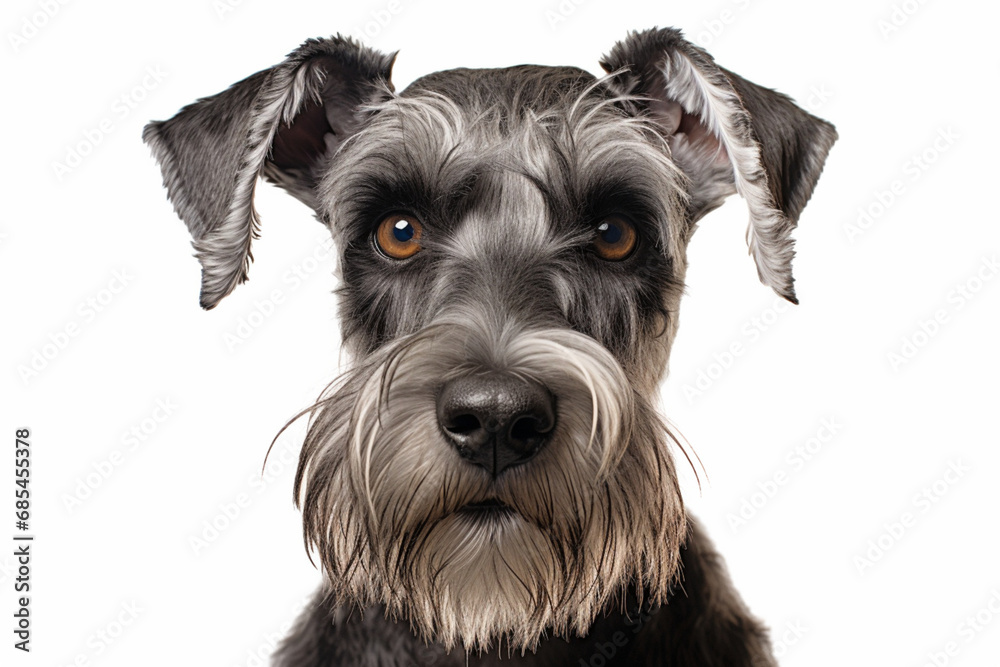 Miniature Schnauzerdog close-up portrait on a white background Miniature Schnauzerdog close-up portrait on a white background