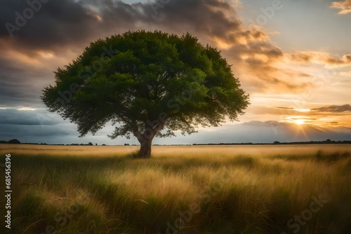 Single tree growing under a clouded sky during a sunset surrounded by grass