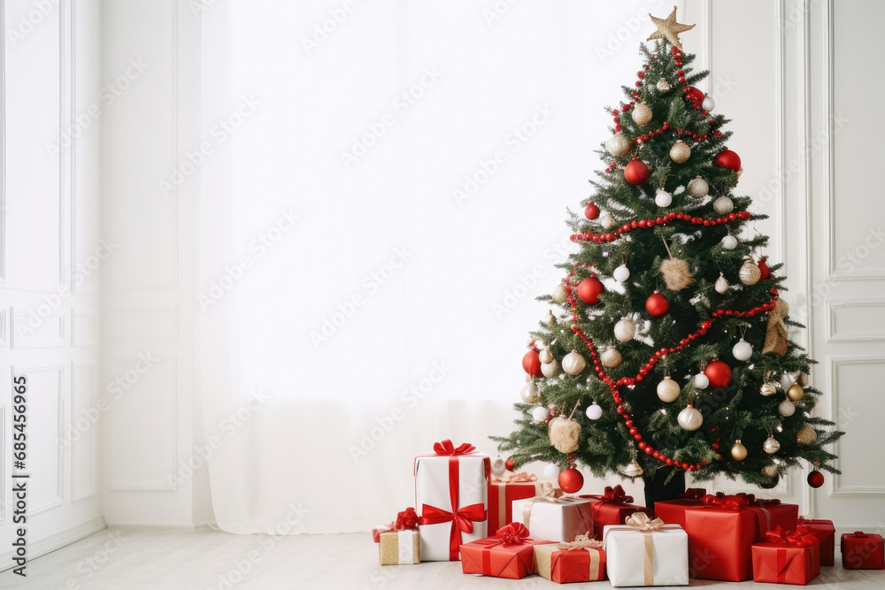 Festive gold Christmas tree decorated with shiny ornaments and presents on a white background. Close-up. AI Generative.