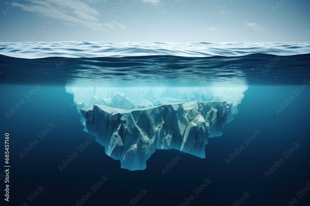 Fototapeta Beneath the waves, a giant iceberg's tip emerges, symbolizing the small portion visible compared to its immense size. AI Generative.