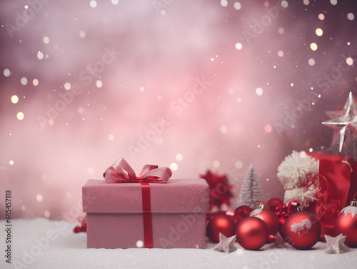 Colorful Christmas background with Christmas balls, gifts and Christmas tree.
