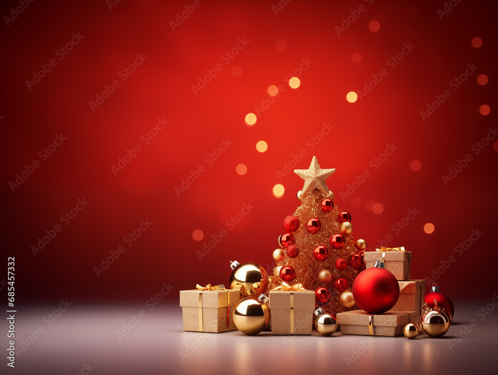 Colorful New Year background with unusual Christmas tree, gifts and Christmas balls. Luxury New Year's Eve background with eccentric Christmas trees.