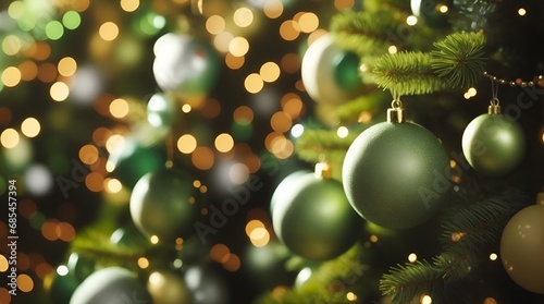 christmas balls tree decoration  bokeh circles on background  green photo