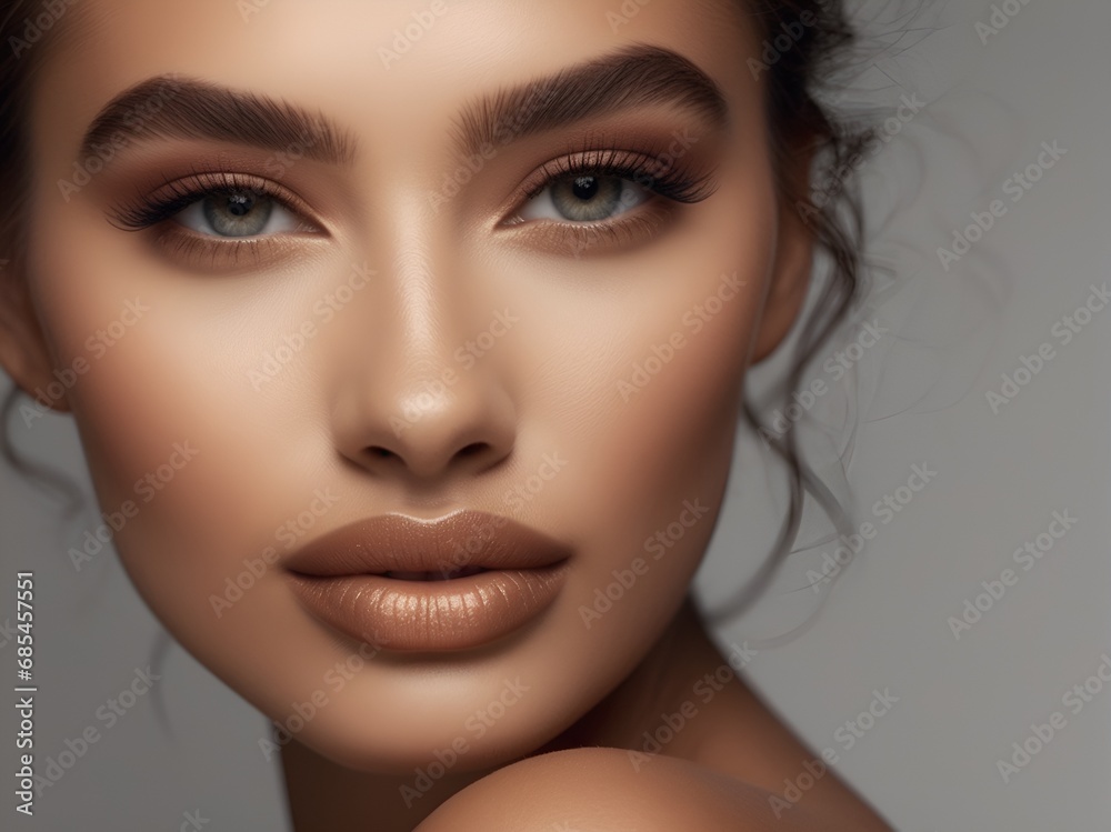 Fototapeta premium Fashion editorial Concept. Closeup portrait of stunning pretty woman with chiseled features. illuminated with dynamic composition and dramatic lighting. copy text space