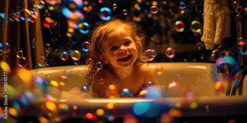 A cute little girl is having fun in a bathroom filled with foam, soap bubbles. children's hygiene