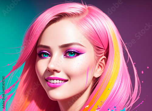 Portrait of a beautiful girl with pink hair and bright makeup.