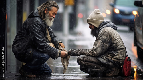 a poignant moment on an American street on a cold, rainy day. A passer-by man, empathetic and compassionate, offers food and money to a homeless man with old clothes and messy, dirty grey hair, sittin