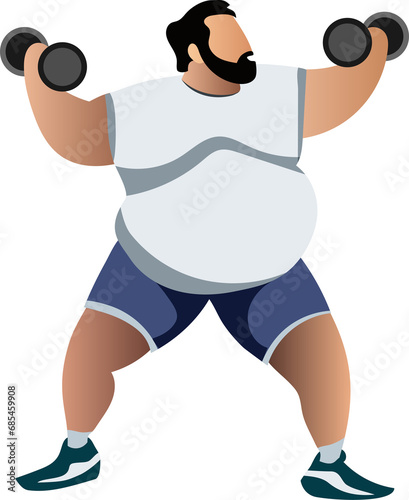 Fat, oversized man holding dumbbell for exercising. Obesity, BMI, body mass index control for healthy body. PNG.