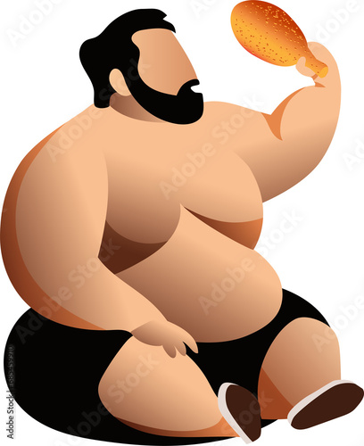 Fat man with overweight body eating fried chicken. Obesity and unhealthy nutrition foods caused unhealthy body and medical health problem. 