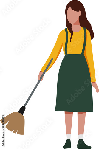 Woman holding broom sweeping floor. Cleaning and household chores. PNG flat design.