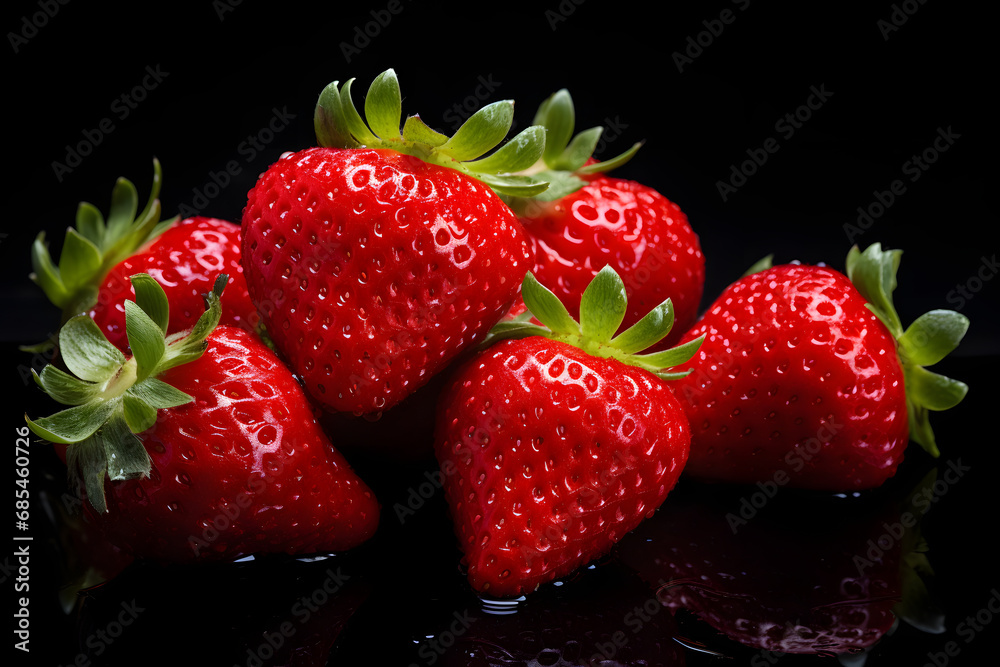 Fresh Strawberries on black background fruit photography. Closeup shot of fresh red strawberries. Fresh Strawberries on black background fruit photography. Closeup shot of fresh red strawberries.