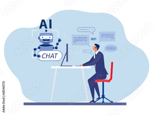 Chat bot,Businessman uses computer for consulting with. Artificial intelligence technology. Digital chat bot, robot application, conversation assistant concept. vector illustrator