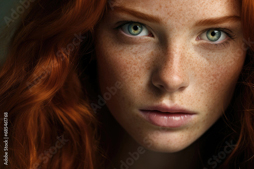 Close-up of the face of a beautiful red-haired woman photo