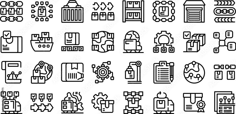 Supply Chain icons set outline vector. Plan product process. Export retail