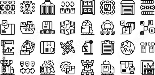 Supply Chain icons set outline vector. Plan product process. Export retail