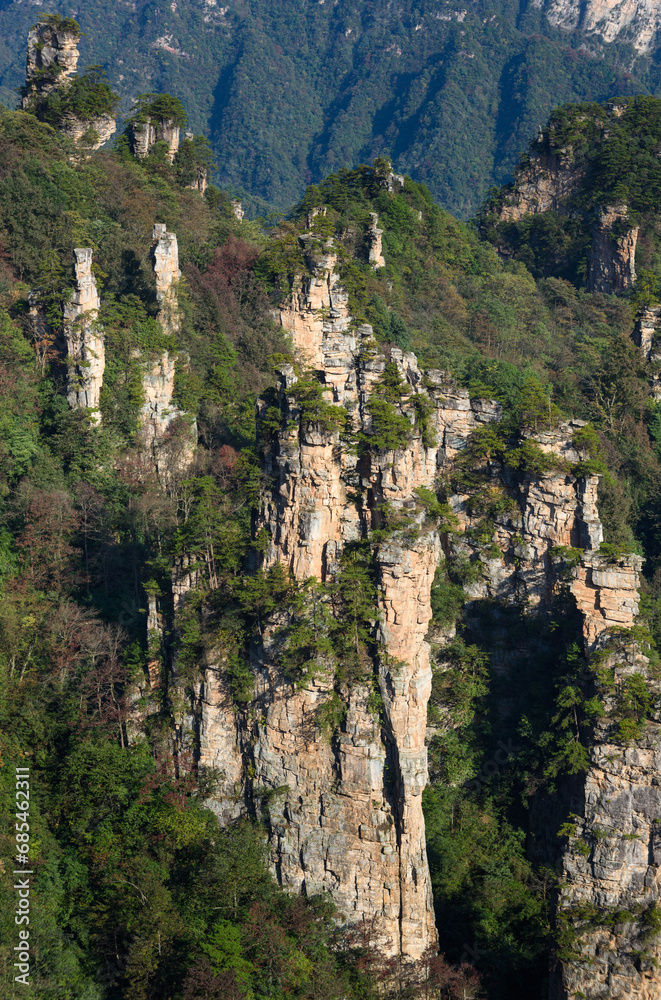 Awesome view of natural quartz sandstone pillars of the Tianzi Mountains (Avatar Mountains) in the Zhangjiajie National Forest Park ( Wulingyuan), Hunan Province, China. 