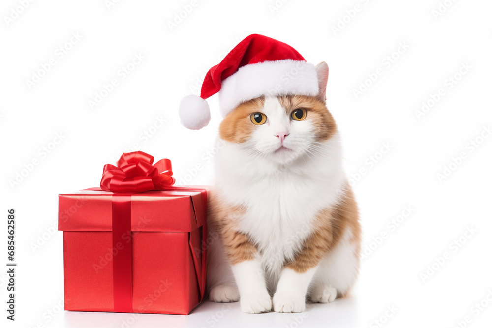 a smiling japanese Bobtail cat wear santa claus suit holding gift box on white background a smiling japanese Bobtail cat wear santa claus suit holding gift box on white background