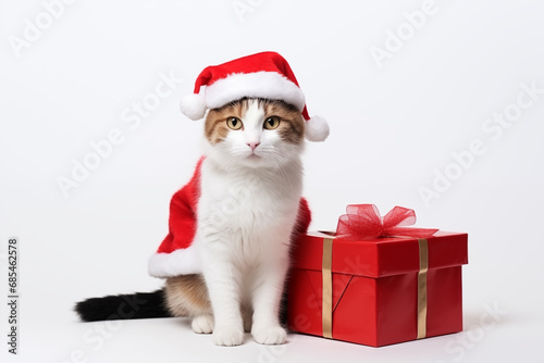 a smiling japanese Bobtail  cat wear santa claus suit holding gift box on white background © sakepaint