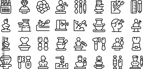 Sculpting icons set outline vector. Carver sculpt male. Creative work