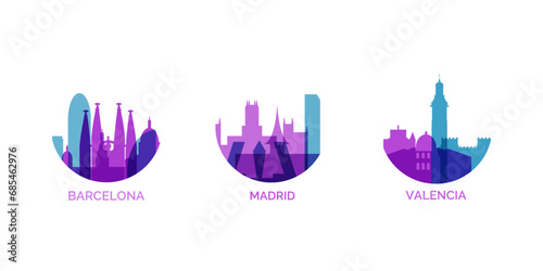 Spain cities logo and icon set. Vector graphic collection for Barcelona, Madrid, Valencia