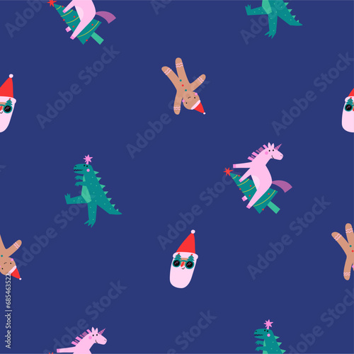 Fun Christmas print in Flat style. Cartoon New Year seamless pattern with Dino, Unicorn, Santa, gingerbread man 