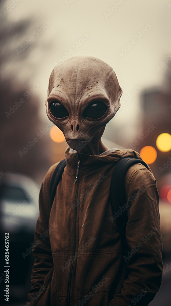 Alien Humanoid Wearing Cloths, Alien in a City, Realistic Alien