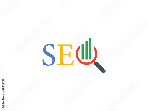 SEO multi-color logo with magnifying glass and three-line