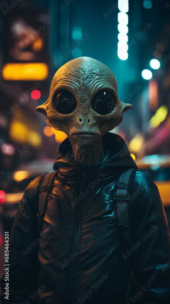 Alien Wearing in a Backpack on a City Street at Night Alien Wearing in a Backpack on a City Street at Night