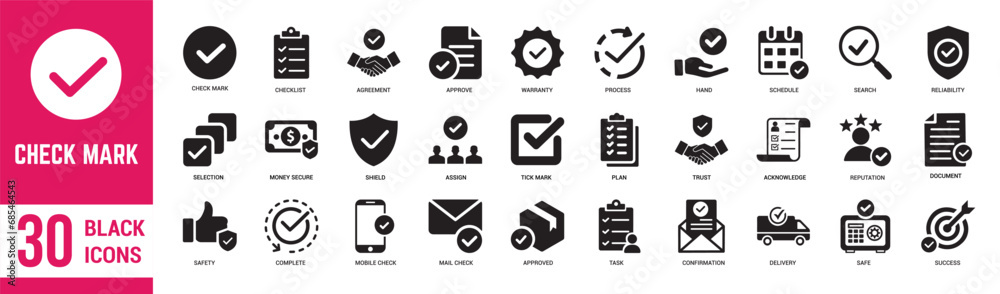 Checkmark solid black icons set. Check, feedback, agrees, confirm, selected, review, checklist, verified, warranty, accept, approved, and quality. Vector illustration - obrazy, fototapety, plakaty 