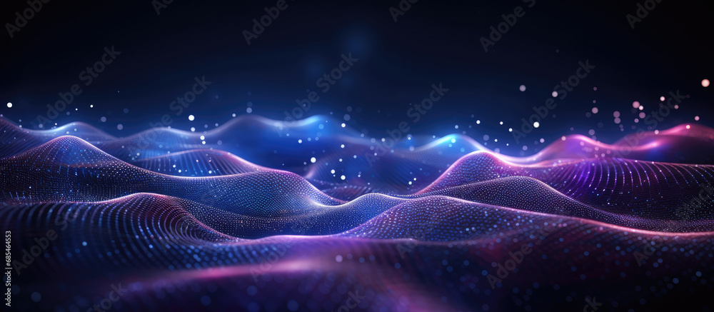 Digital dance of abstract particles on dark background