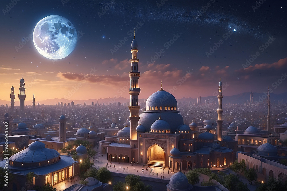 Enchanting night cityscape with a mosque under a large moon and twinkling stars background