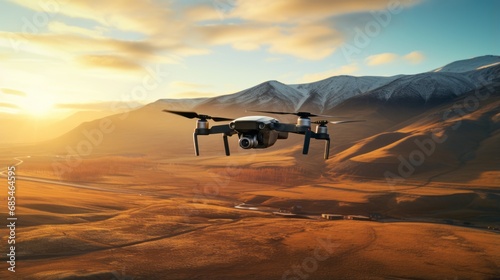 mavic 3 drone soaring above grover's prairie at sunset - colorado, usa, november 22, 2021 photo