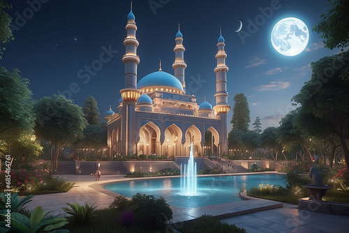 Illuminated mosque with reflecting pool under a moonlit sky.