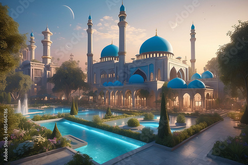 Fantasy oriental palace with blue domes, minarets, and lush gardens at sunset.