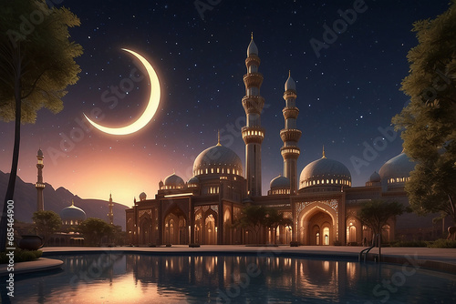 mosque with minarets under a full moon at night, reflecting in a tranquil pool, surrounded by trees. photo
