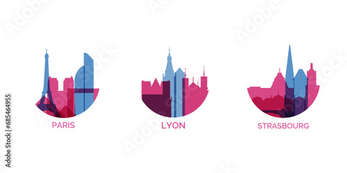 France cities logo and icon set. Vector graphic collection for French megapolis Paris, Lyon, Strasbourg