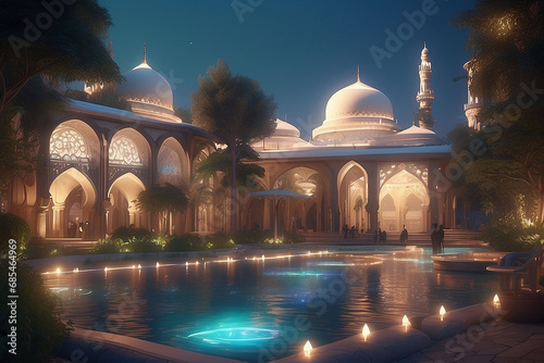 Illuminated palace with domes by a tranquil pool at twilight, reflecting lights and serene ambiance.