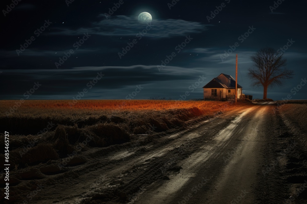 Fototapeta premium Lonely road in the country illuminated by a bright full moon at midnight