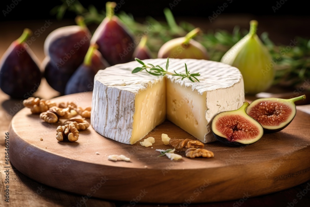 Cheese with figs and nuts on a wooden cutting board