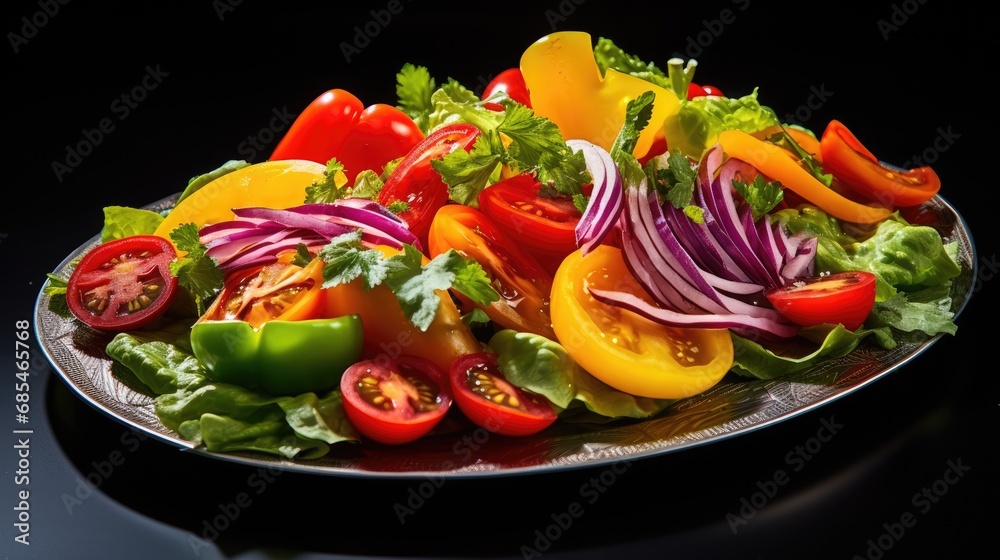 Vegetable vegetarian salad with tomatoes, peppers and onions on the kitchen table. Vegetable vegetarian salad with tomatoes, peppers and onions on the kitchen table.