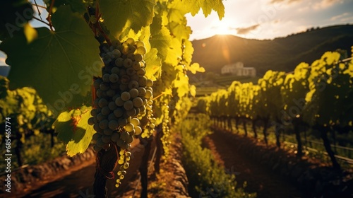 Ripe grapes in vineyard at sunset
